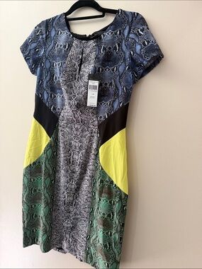 BCBGMaxAzria Snake-Print Midi Dress with Blue, Green & Yellow Panels